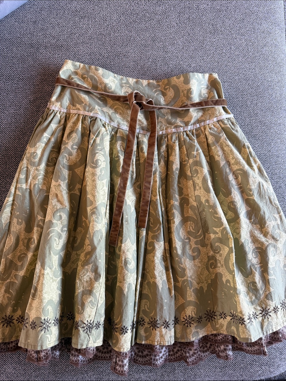 Rare Vintage Mango Olive Brocade Celtic Skirt Brown Velvet Tie Boho Trim sz 6